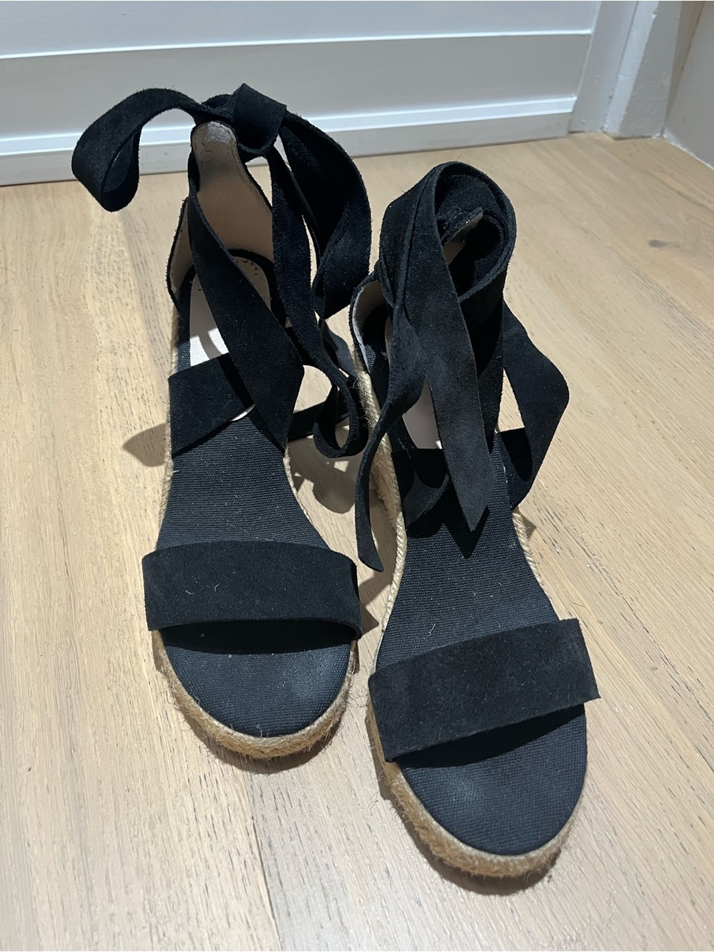 Black Lace-Up Espadrille Wedge Sandals